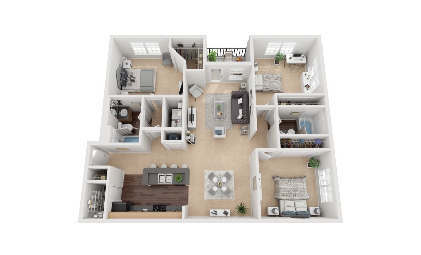 Salines - 3 bedroom floorplan layout with 2 bathrooms and 1226 square feet